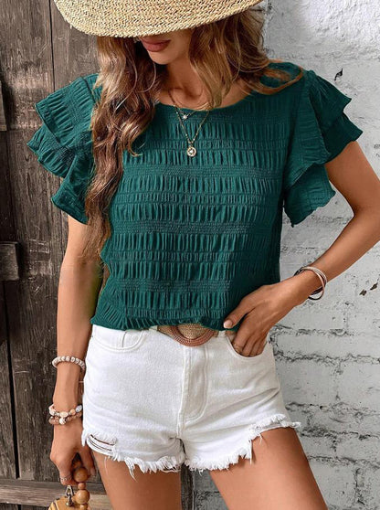 Summer Ruffled Short-sleeved T-shirt Casual Round Neck Pleated