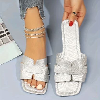 Square Toe Flat Sandals Summer Hollow Out Slides