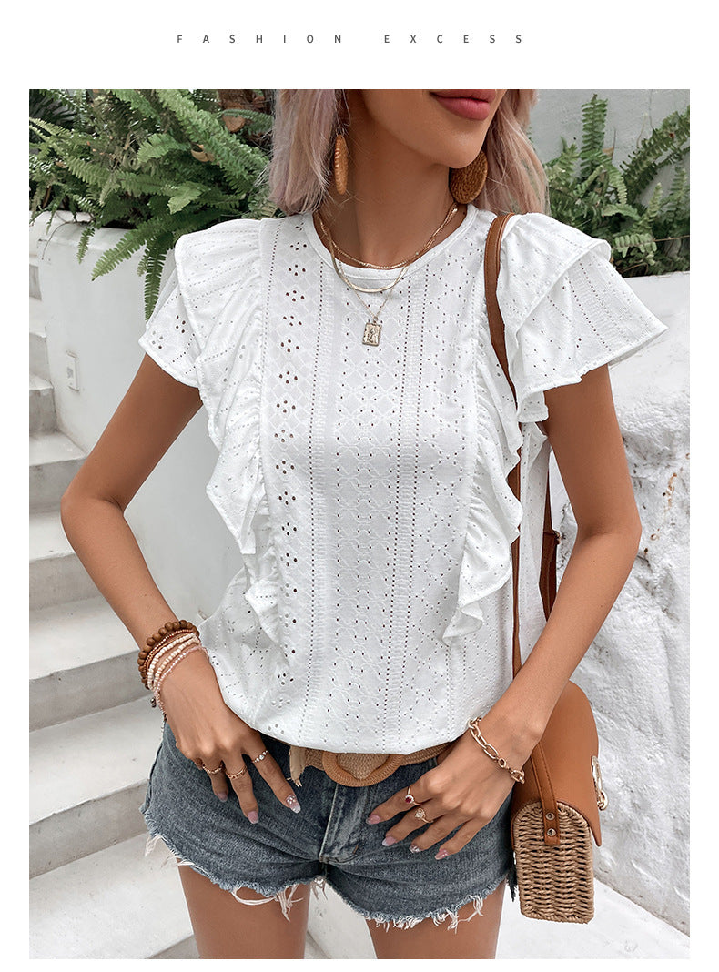 Women's Clothing Ruffled White Casual Patchwork Shirt