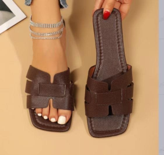 Square Toe Flat Sandals Summer Hollow Out Slides