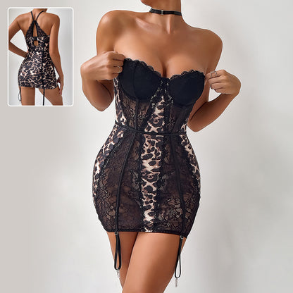 Vestido tubo de encaje de leopardo sexy con corsé de moda, vestidos cortos de corte A para mujer, ropa