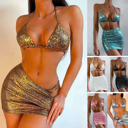 Traje de baño de 3 piezas para mujer, conjunto de bikini con estampado de serpiente y cuello halter con falda de cobertura, traje de baño de verano