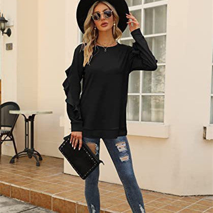 Women's Clothing Casual Round Neck Sweater Pleated Long Sleeve Top