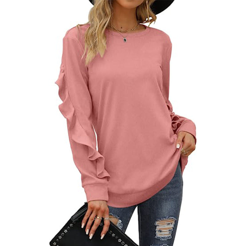 Suéter casual de cuello redondo para mujer, top plisado de manga larga