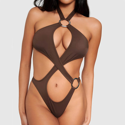 Sexy Solid Color Hollow Siamese Bikini Women's Swimsuit