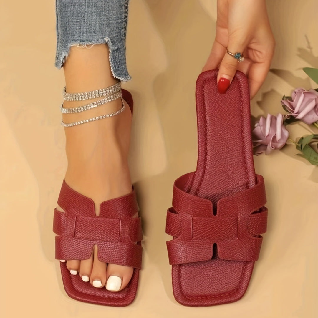 Square Toe Flat Sandals Summer Hollow Out Slides