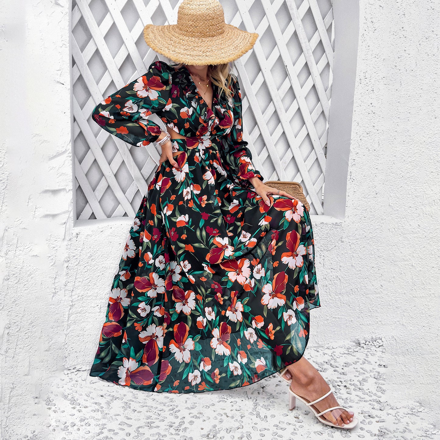 Fashion Florals Print Long Sleeve Dress