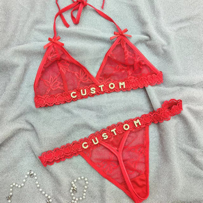 Custom Lingerie Set For Women Thong Panties Bra Set With Name Rhinestone Customized Thongs Personalized G-String Jewelry Gift