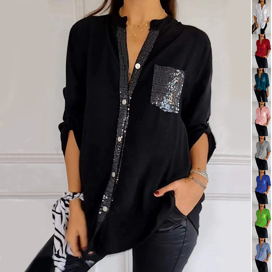 Casual Button-down Long Sleeve Shirt With Sequin Pocket Design