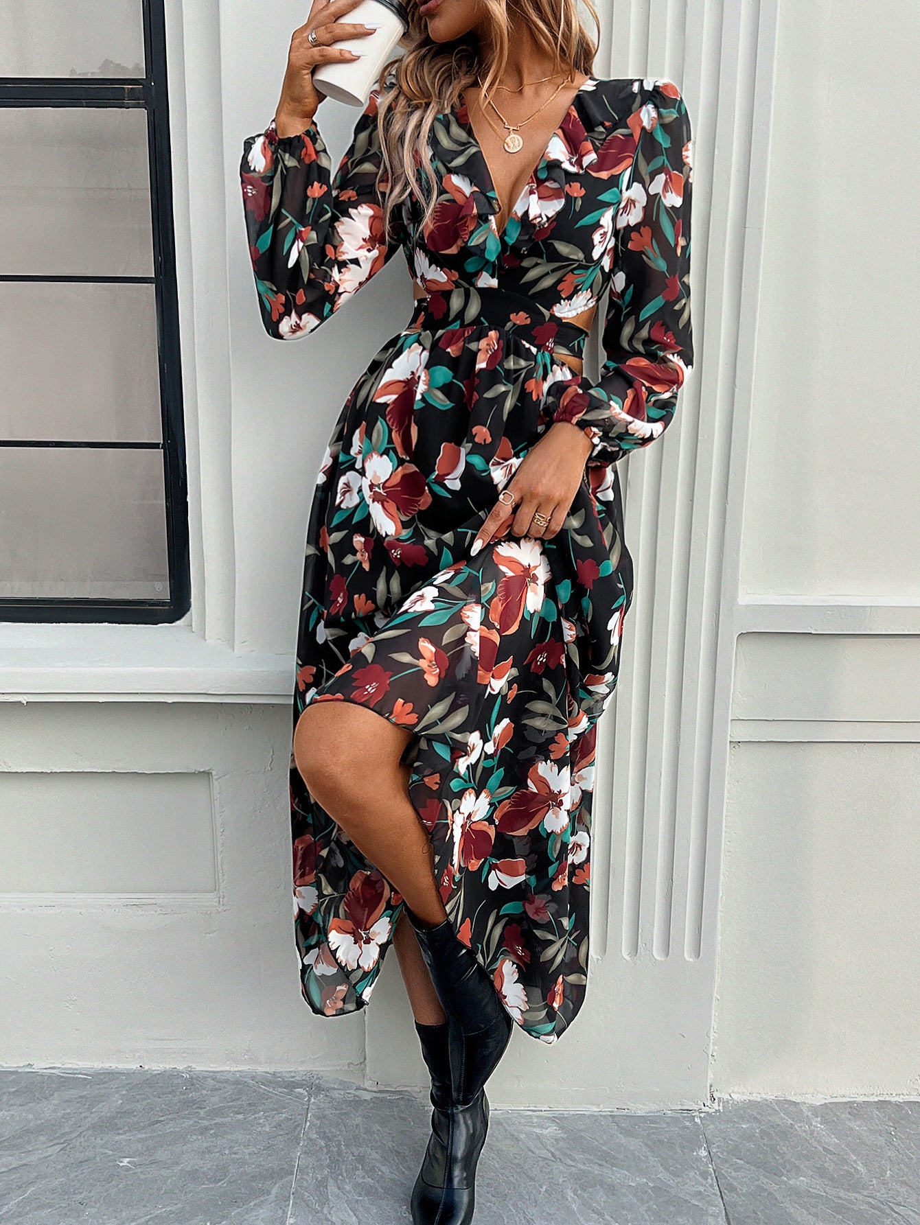 Fashion Florals Print Long Sleeve Dress