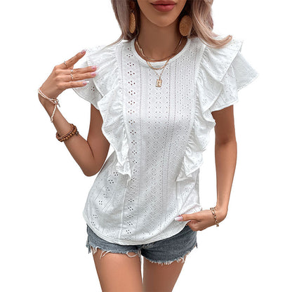 Camisa informal de patchwork blanca con volantes para mujer