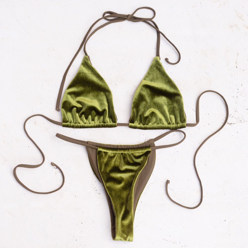 Gold Velvet Solid Color Swimsuit Women's Triangle Split