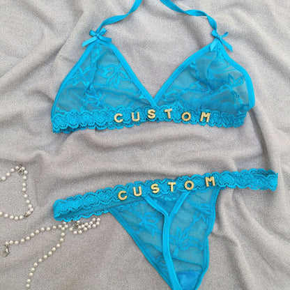 Custom Lingerie Set For Women Thong Panties Bra Set With Name Rhinestone Customized Thongs Personalized G-String Jewelry Gift