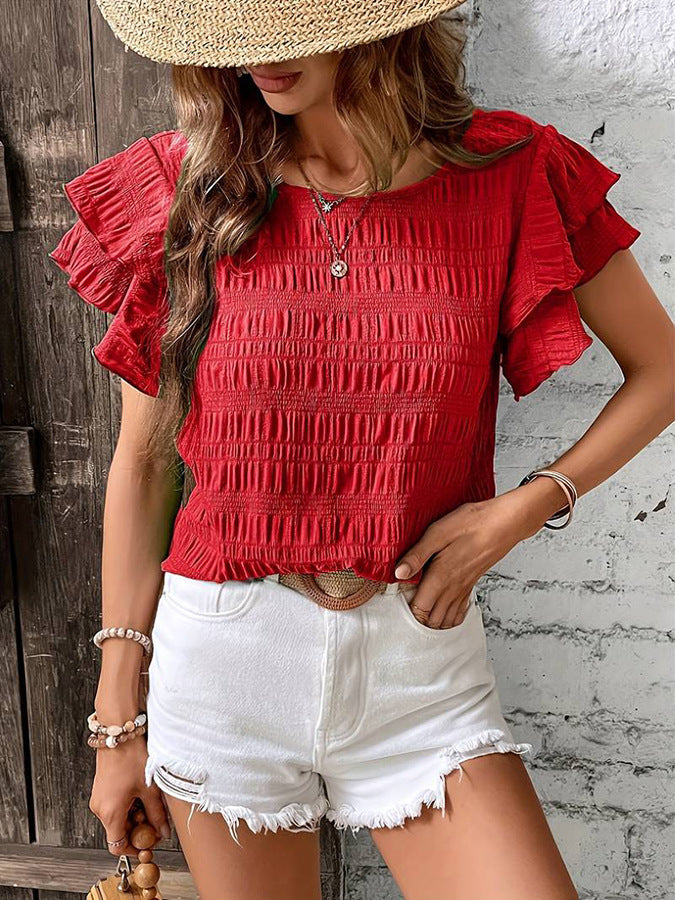 Summer Ruffled Short-sleeved T-shirt Casual Round Neck Pleated