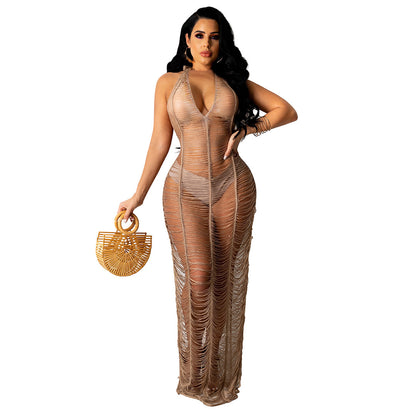 New Women's Beach Knitted Dress Sexy See-through Deep V