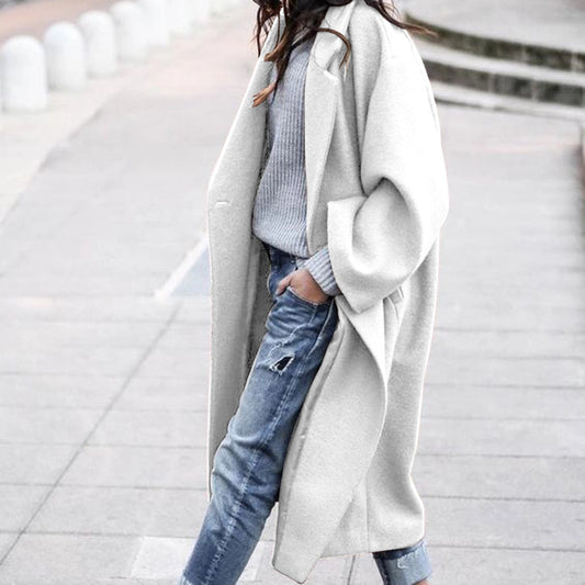 Casual Long Jacket With Pockets Solid Color Single Breasted Lapel Woolen Coat