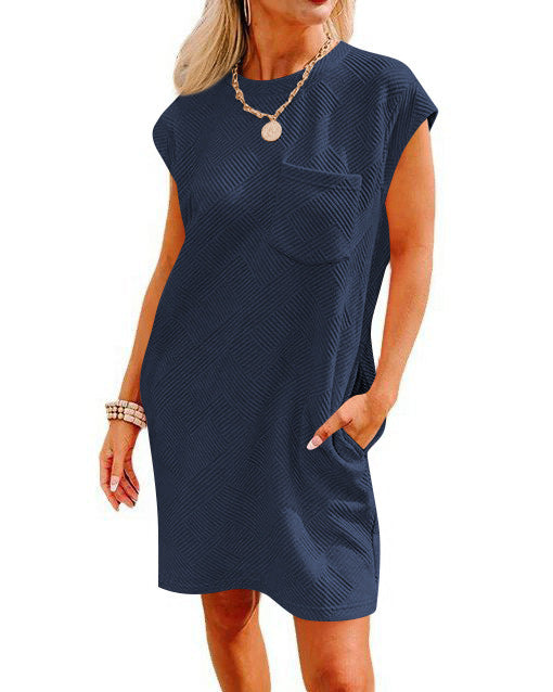 Summer Round-neck Short-sleeve Dress With Pockets Fashion Casual