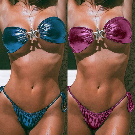 Bikini con parte superior de tubo dividida en azul brillante dorado con estrellas de mar para mujer