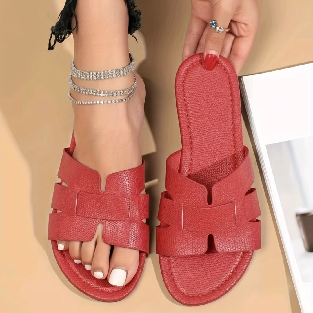 Square Toe Flat Sandals Summer Hollow Out Slides