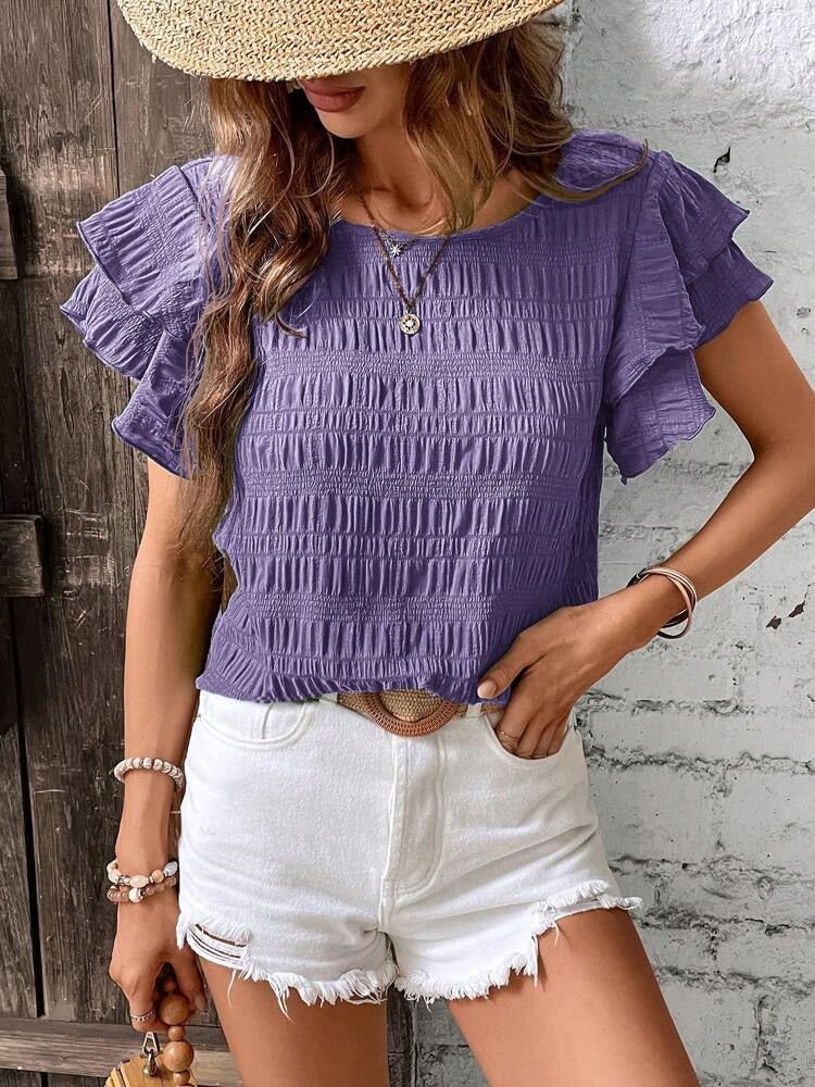 Summer Ruffled Short-sleeved T-shirt Casual Round Neck Pleated