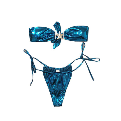 Bikini con parte superior de tubo dividida en azul brillante dorado con estrellas de mar para mujer