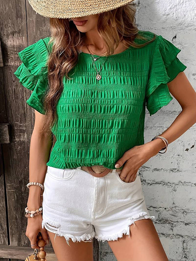 Summer Ruffled Short-sleeved T-shirt Casual Round Neck Pleated