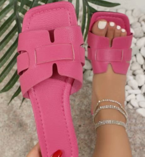 Square Toe Flat Sandals Summer Hollow Out Slides