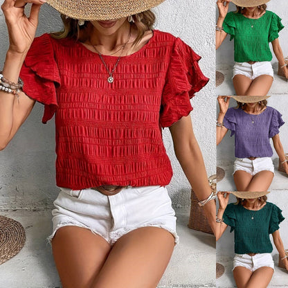 Summer Ruffled Short-sleeved T-shirt Casual Round Neck Pleated