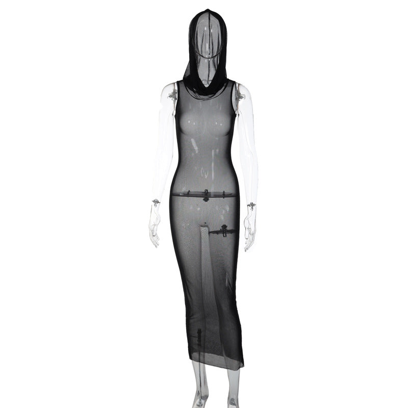 Women's Spring Clothing New Sleeveless Hooded Mesh See-through Dress