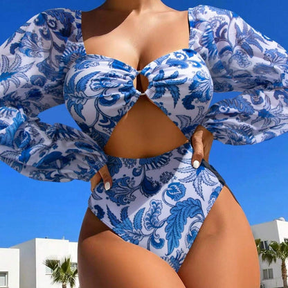 Mesh Long Sleeve One-piece Hollow-out Swimsuit