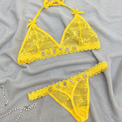 Custom Lingerie Set For Women Thong Panties Bra Set With Name Rhinestone Customized Thongs Personalized G-String Jewelry Gift