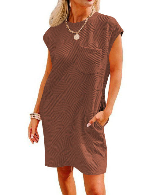 Summer Round-neck Short-sleeve Dress With Pockets Fashion Casual