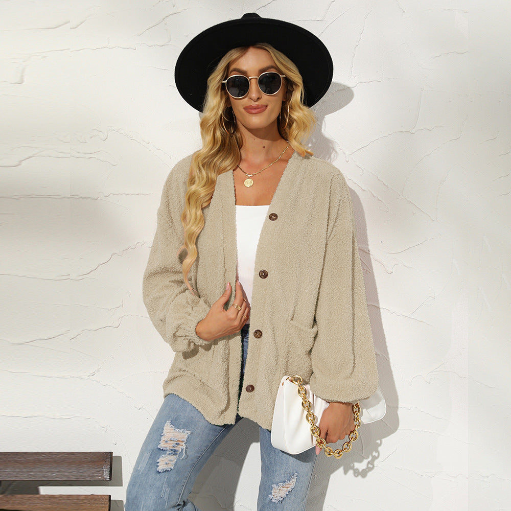 Women's Clothing Solid Color Little Teddy Plush Cardigan