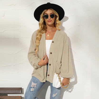 Women's Clothing Solid Color Little Teddy Plush Cardigan