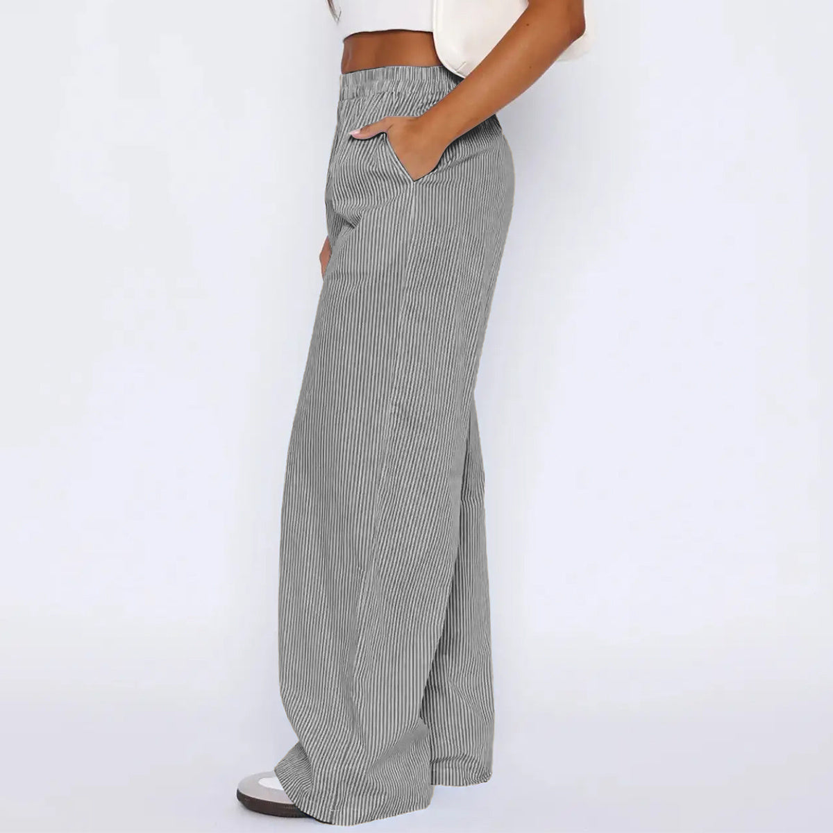 Striped Trousers With Pockets Ins Fashion Casual Wide Leg Straight Pants