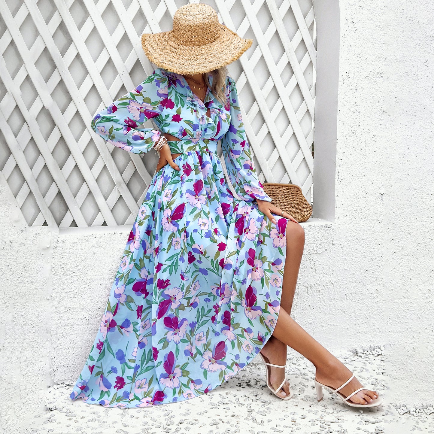 Vestido de manga larga con estampado floral de moda