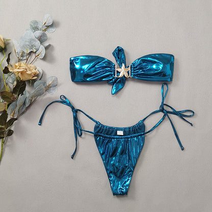 Bikini con parte superior de tubo dividida en azul brillante dorado con estrellas de mar para mujer